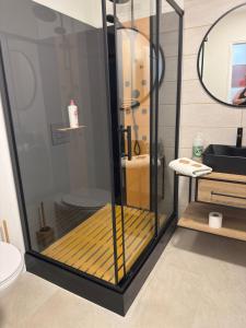a shower with a glass door in a bathroom at OHANA Appartement de charme in Château-Gontier