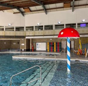 a swimming pool with a red mushroom on a pole in the water at Driftwood dreams in Skipsea