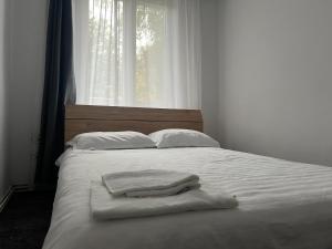 1 cama con toallas blancas y ventana en Cozy Apartment Hunedoara, en Hunedoara 6 fotos más