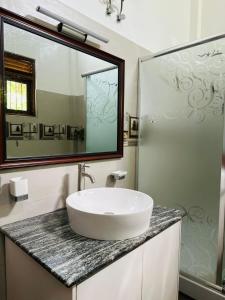 a bathroom with a sink and a large mirror at The Garden Grove Villa in Yatiyana
