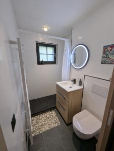 a bathroom with a toilet and a sink and a mirror at Frostana1600 - apartment in Portes du Soleil in Champoussin