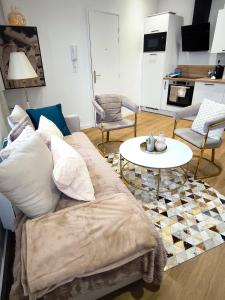 een woonkamer met een bank en een tafel bij "LE NID de SKYLAR" centre ville in Reims