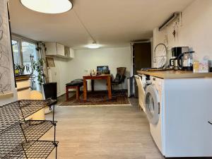 a kitchen with a washing machine and a table at Lahn-Paradies 