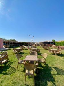 a group of tables and chairs in the grass at كامب واحة الغروب in Dār as Salām