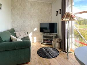 Hornにある5 person holiday home in HORN-By Traumのリビングルーム(緑のソファ、テレビ付)