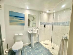 a bathroom with a toilet and a sink and a shower at Manor Cottage in Cavendish +28 photos