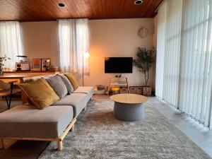 a living room with a couch and a tv at Jomo Stay Takasaki 2 -the Garden- in Takasaki