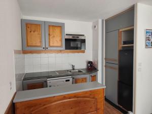 a kitchen with a sink and a black refrigerator at Les Balcons de la Vanoise in La Norma