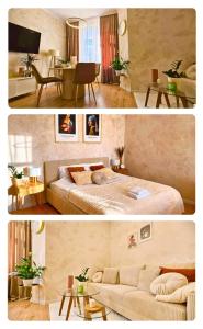 two pictures of a bedroom with a bed and a living room at Apartamenty Paryskie Old Town View in Toruń