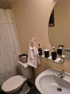 プエルト・ナタレスにあるHostal Oasisの洗面台、トイレ、鏡のあるバスルーム +3枚の写真