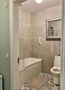 a bathroom with a tub and a toilet and a mirror at New Cosy three bedroom house in Ballingarry Limerick Near Adare in Limerick