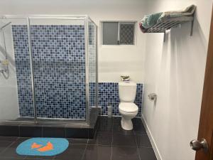 a bathroom with a shower with a toilet and a glass door at Casa Di george in Port Vila