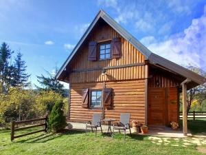 a log cabin with a table and chairs in front of it at Brvnare Na Brdu in Šljivovica