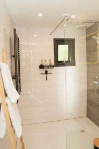 een badkamer met een douche met een glazen deur bij Chalet met hottub in Putten