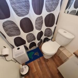 ein Badezimmer mit Toilette und einer Wand mit Kuhmuster in der Unterkunft Departamento 3 dormitorios en villarica in Villarrica