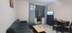 a living room with a couch and a table and a television at Апартаменти Борови хълмове in Pamporovo