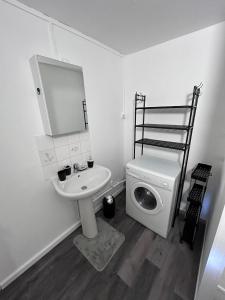 ダンケルクにあるLe Dunkerquois - Appartement moderne et tout équipéの洗面台と洗濯機を備えたバスルーム +2枚の写真