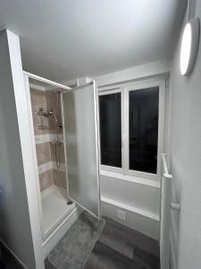ダンケルクにあるLe Dunkerquois - Appartement moderne et tout équipéのガラスドア付きのシャワー付きのバスルーム