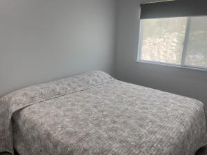 ein Bett in einem Schlafzimmer mit Fenster in der Unterkunft Koah Private hideaway with creek access 