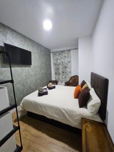 Un dormitorio con una cama y un televisor en la pared. en VOLPI MAZZO, en Madrid