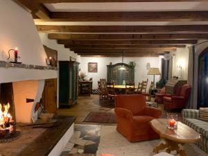 a living room with a fireplace and a table at Flow In in Kitzbühel