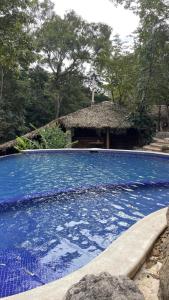 a large blue swimming pool with a hut in the background at Hotel & Mariposario Mayan Hills Resort in Copan Ruinas +28 photos