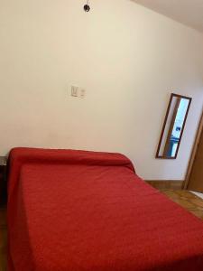 ein Schlafzimmer mit einem roten Bett und einem Spiegel in der Unterkunft Don Carmelo in Fiambala + 1 Foto