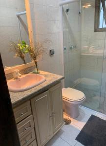 een badkamer met een wastafel, een toilet en een douche bij House Bela Vista in Porto Alegre