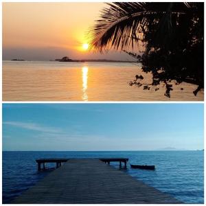 two pictures of a pier with the sun setting over the ocean at Natureza e conforto na Praia da Brisa in Pedra de Guaratiba +14 photos