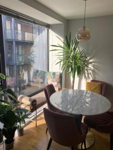 une salle à manger avec une table et des chaises et une fenêtre dans l'établissement Oasis in heart of Dublin city, à Dublin