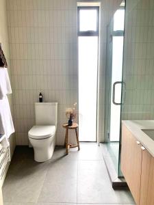 a bathroom with a toilet and a glass shower at Tranquil 3 bedroom Retreat in Raglan in Raglan +9 photos
