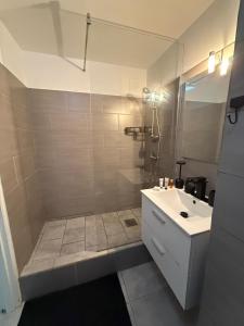 a bathroom with a shower and a white sink at Cocoon Tropical in Saint Martin +13 photos