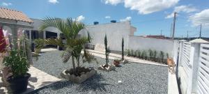 a courtyard with potted plants and a fence at Ksl refúgio dos pássaros in Araquari