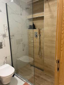 une salle de bain avec toilettes et douche en verre dans l'établissement Vila Acácia 2, à Praia