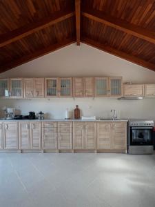 a large kitchen with wooden cabinets and appliances at Entire Apartment 140m2 near Syvota and Parga in Makrochóra