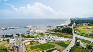 an aerial view of a beach and the ocean at Gangneung Base Camp Caravan Glamping in Hwapyeong-dong