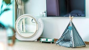 a mirror sitting on a shelf next to a chair at Glamdog Dog Pension Tongyeong Branch in Wŏnmul-li