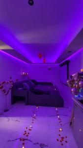 Camera viola con letto e soffitto viola di Studio détente Spa et hammam a Toulouges