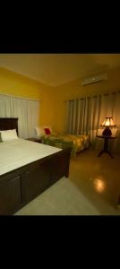 a bedroom with a bed and a lamp in it at Aparta hotel vista al mar in Río San Juan