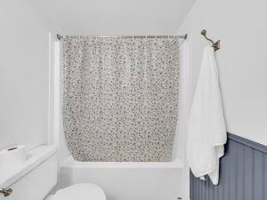 a bathroom with a shower curtain and a toilet at Rare find by the Riverside in Windsor +18 photos