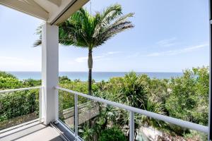 a view from the balcony of a house with a palm tree at Aqua North on Ross - Easy Walk to Beach & Village in Sunshine Beach