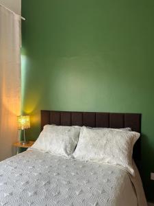 a bedroom with a green wall and a bed at Casa Barra Velha in Ilhabela