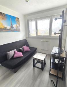 - un salon avec un canapé noir et des oreillers roses dans l'établissement Le Stud, à Belfort