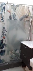 a bathroom with a shower curtain and a sink at Maisonnette n 43" La Tortue " in Frontignan +9 photos