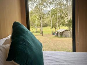 a green pillow sitting on a bed looking out a window at Tranquility Ranch by Tiny Away in Wolfdene +17 photos