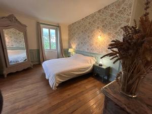 Un dormitorio con una cama y un espejo grande. en Grande maison Albuconis, 