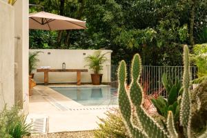 ein Swimmingpool mit Tisch und Kaktus in der Unterkunft Aviva Hotel in Tzununá