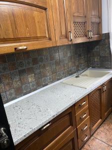 a kitchen counter with a sink and wooden cabinets at Apartament Leonardo in Roman