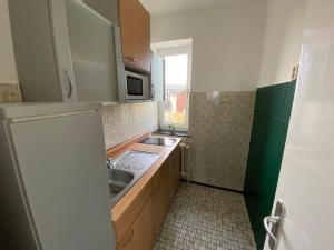 a small kitchen with a sink and a microwave at Ecolodge 1 Mini Apartment in Oesterdeichstrich