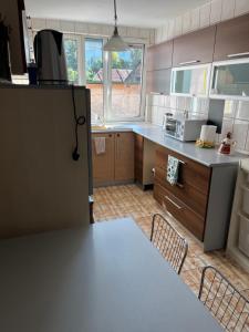 Una cocina con refrigerador y una mesa y sillas. en Casa Raicu, en Ploieşti 27 fotos más